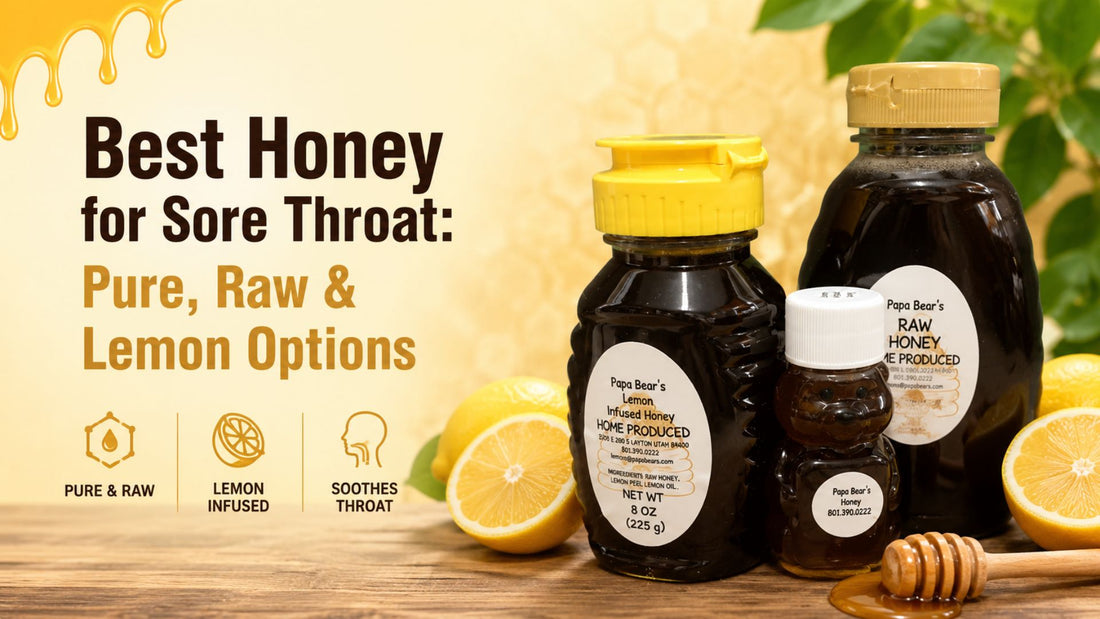 Best honey for sore throat featuring pure raw honey, lemon-infused honey, and fresh lemons.