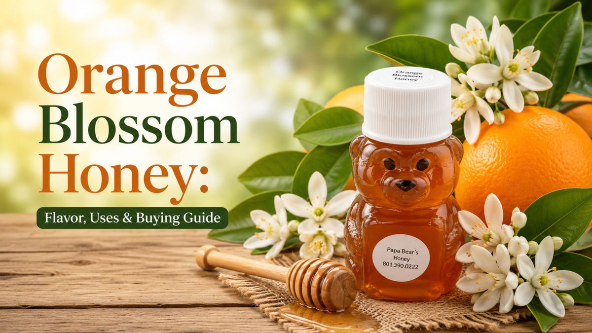 Orange Blossom Honey in a bear-shaped bottle with fresh orange blossoms and oranges.